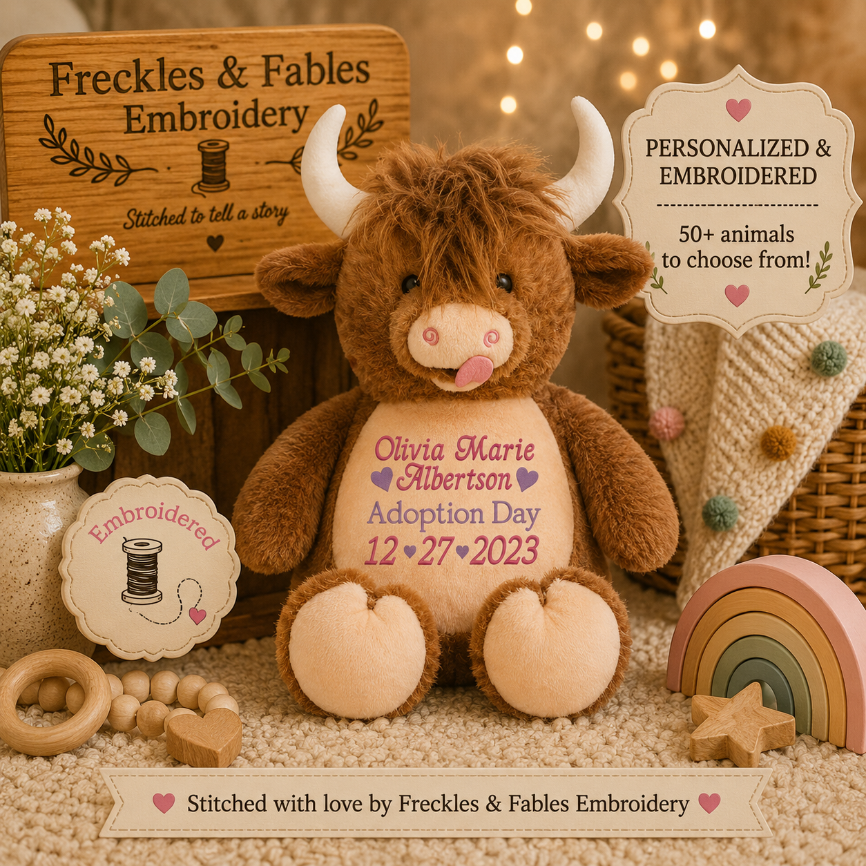 Personalized highland cow plush embroidered with a child's name and adoption date