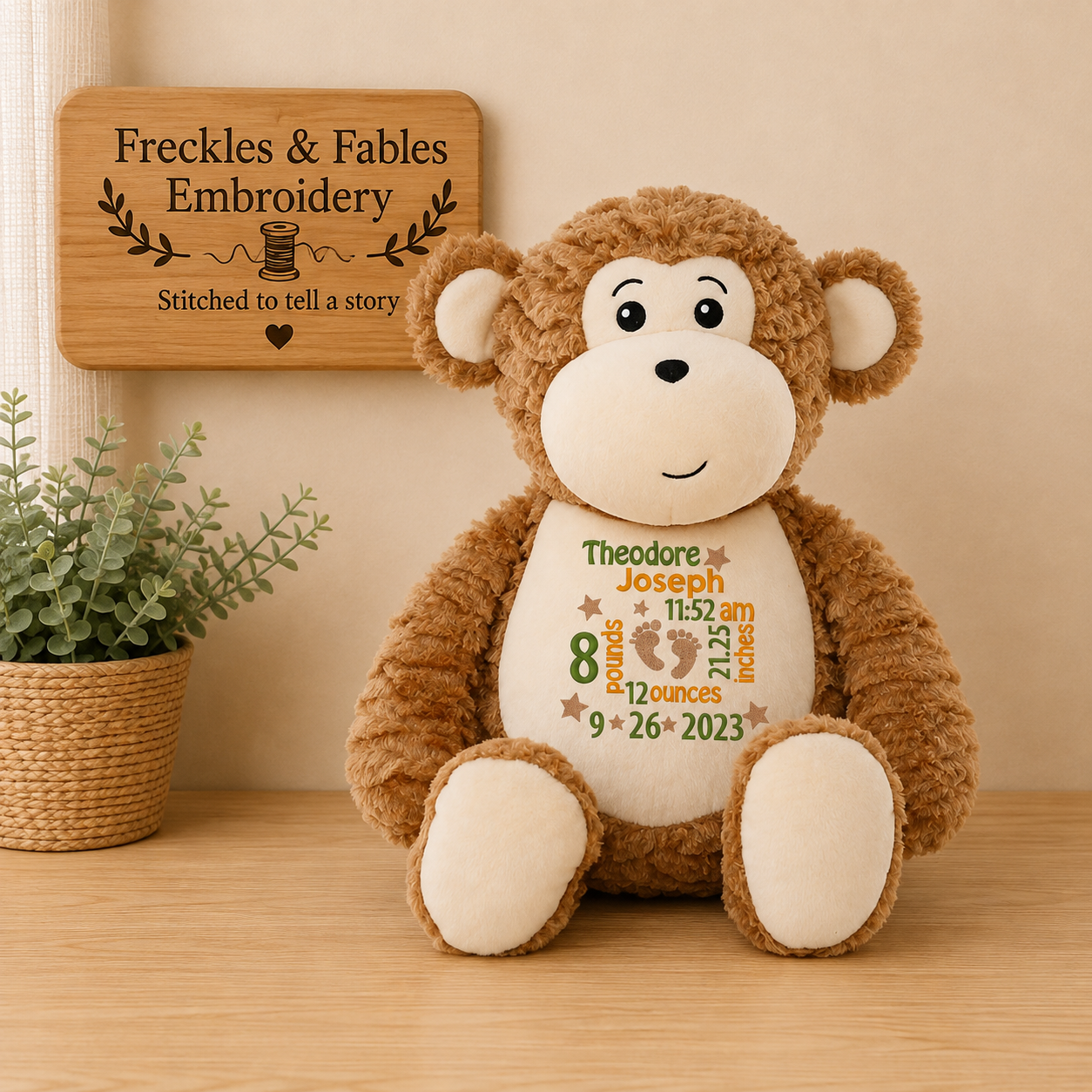 Personalized Theodore monkey plush with embroidered birth details